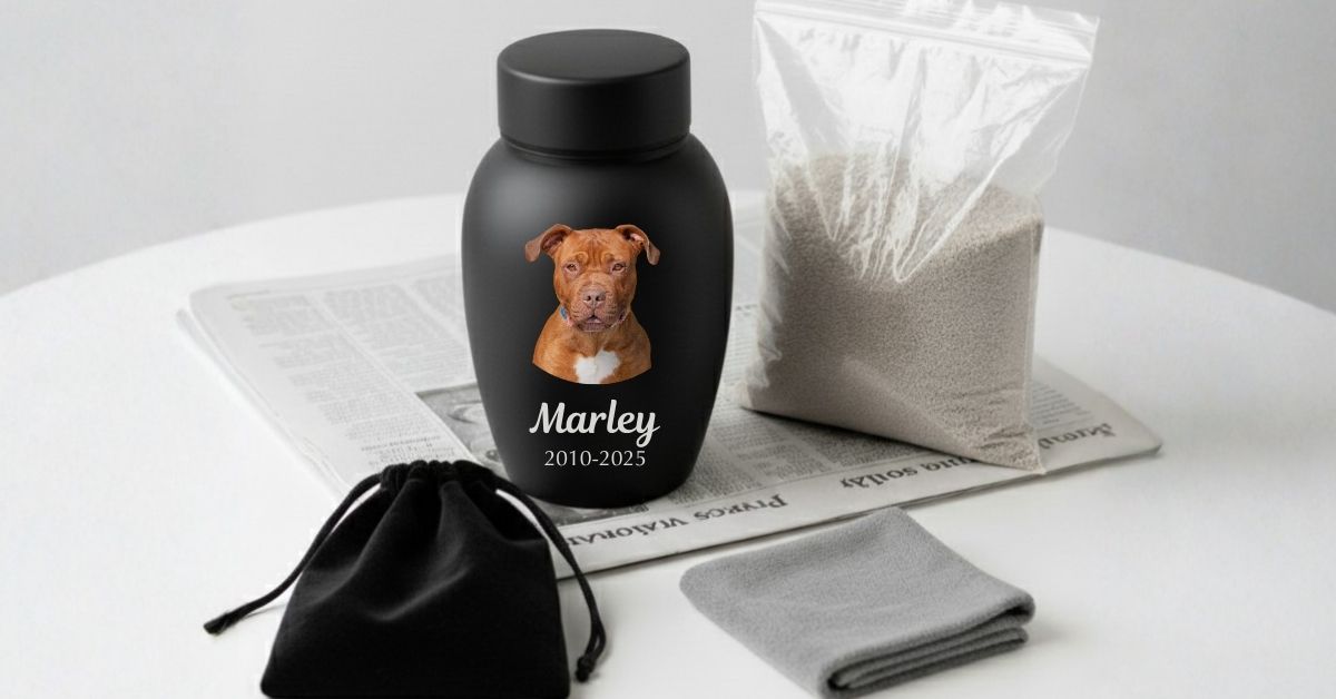 Une urne funéraire noire personnalisée pour un chien nommé Marley, posée sur une table avec un sac de cendres, une pochette en velours et un chiffon doux